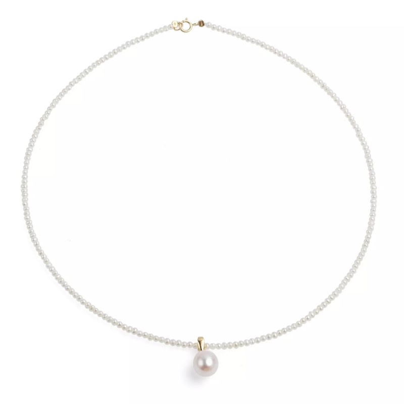 Colier cu perle de cultură albe 2-2.5mm cu închizătoare și pandantiv din aur de 14k