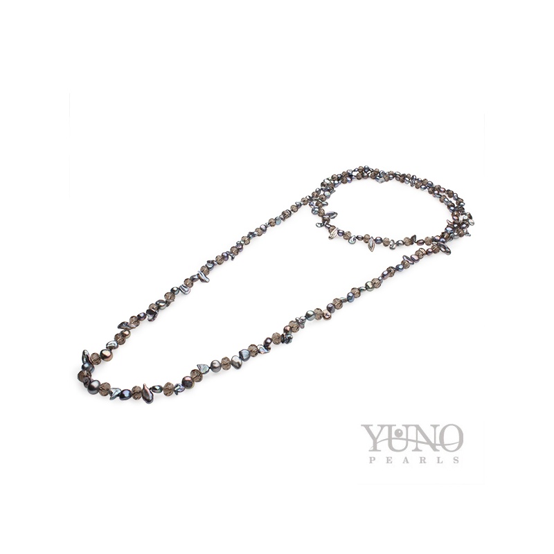 Colier perle negre și cristale, 5-6 mm, lungime 126 cm
