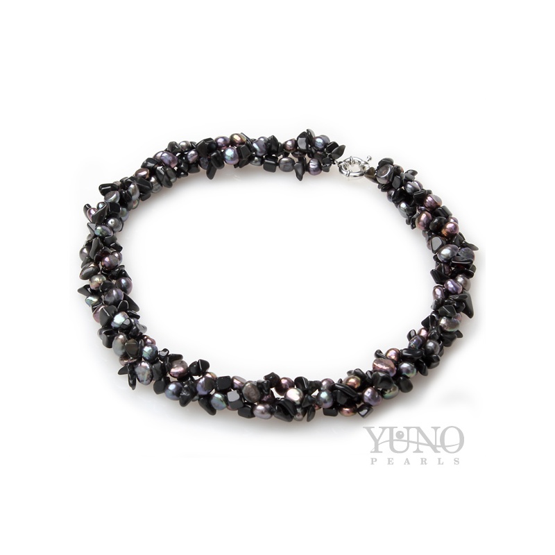 Colier cu perle asimetrice negre și Onix, 5-7 mm