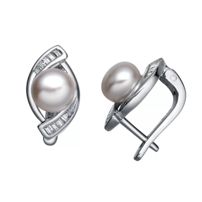 Cercei din argint 925 cu perle de cultură albe sferice 6.5-7 mm și zirconiu