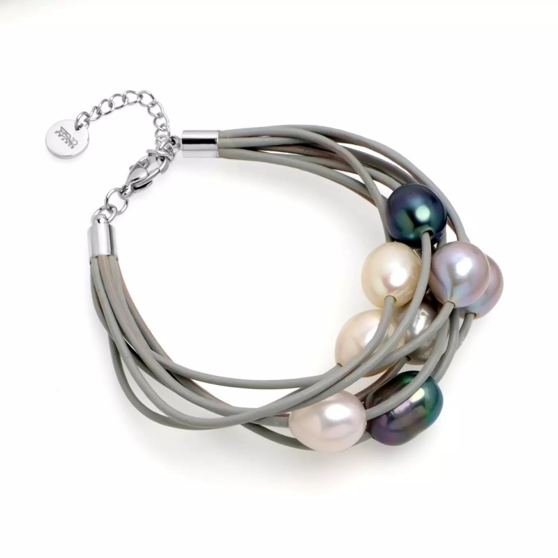 Brățară de 8 rânduri din piele gri, 8 perle colorate 11-12 mm, lungime brățară 19+4 cm.