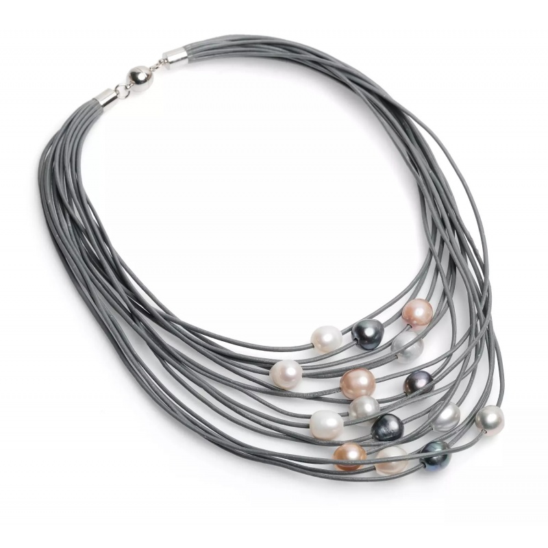 Colier de 15 rânduri de piele gri, 15 perle colarate, 11-12mm