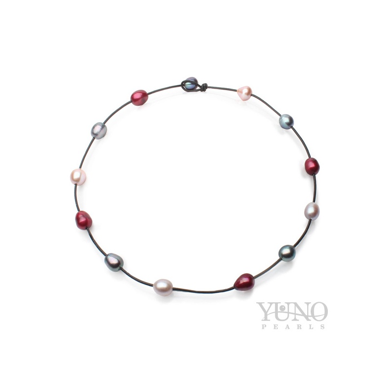 Colier din piele maro, perle de cultură colorate 11-12 mm