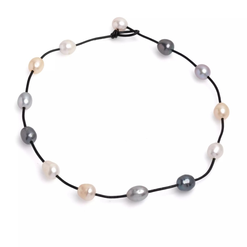 Colier piele naturală, perle de cultură colorate, 11-12 mm, lungime 44cm