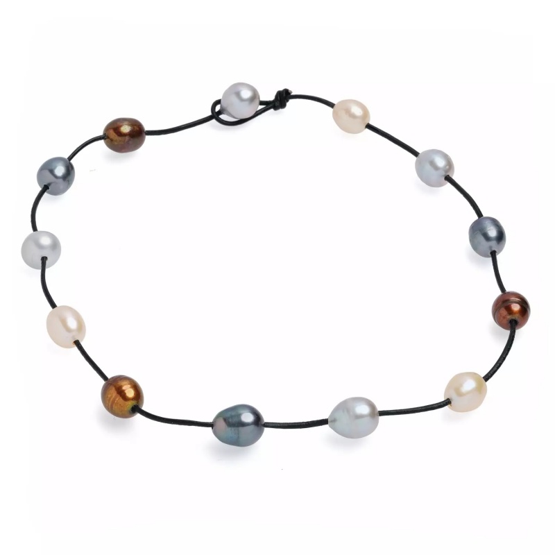 Colier din piele neagră, perle colorate, 11-12 mm, lungime 44cm