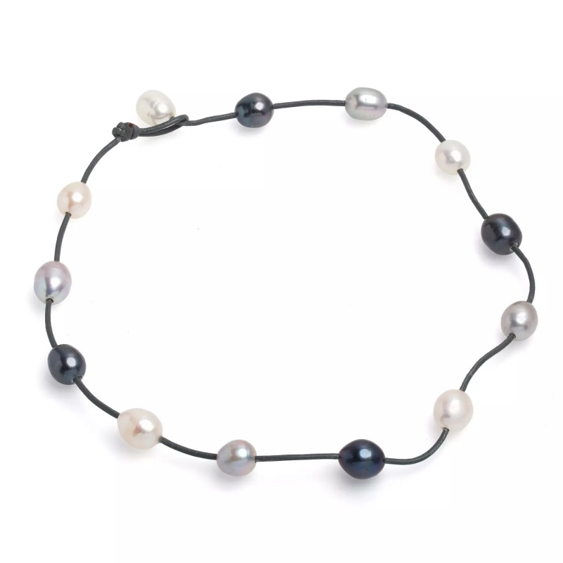 Colier din piele neagră, perle 12053 colorate, 11-12 mm, lungime 44cm