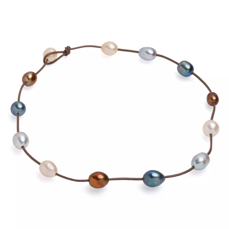 Colier din piele bej, perle colorate, 11-12 mm, lungime 44cm