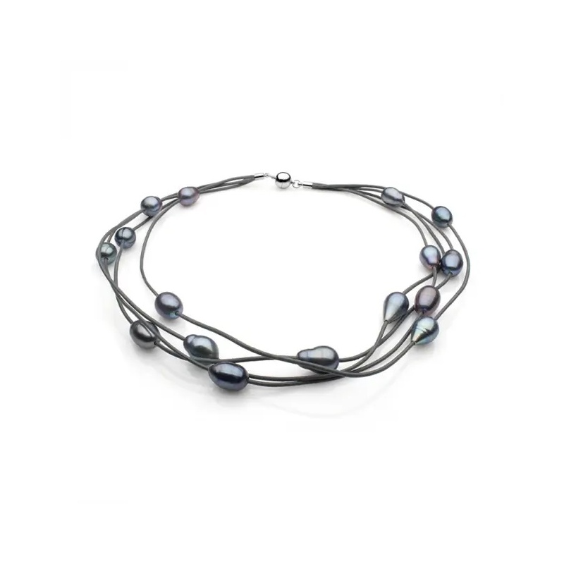 Colier din piele, perle mix colorate, 11-12mm