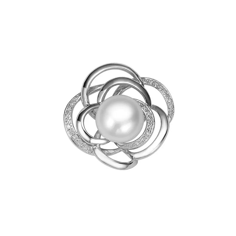 Broşă din argint 925, perlă albă, 12-12.5mm, zirconii