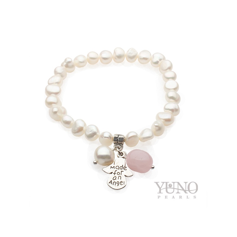 Brățară cu perle albe, 7-8mm și Cuarț roz