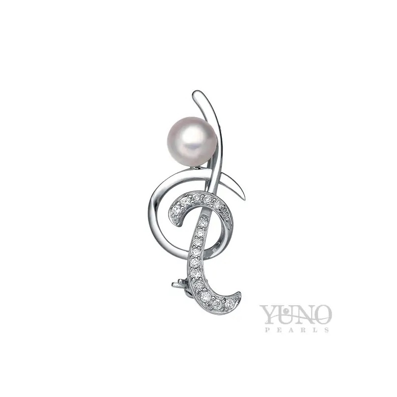 Broşă din argint 925, perlă albă, 8-8.5mm, zirconii