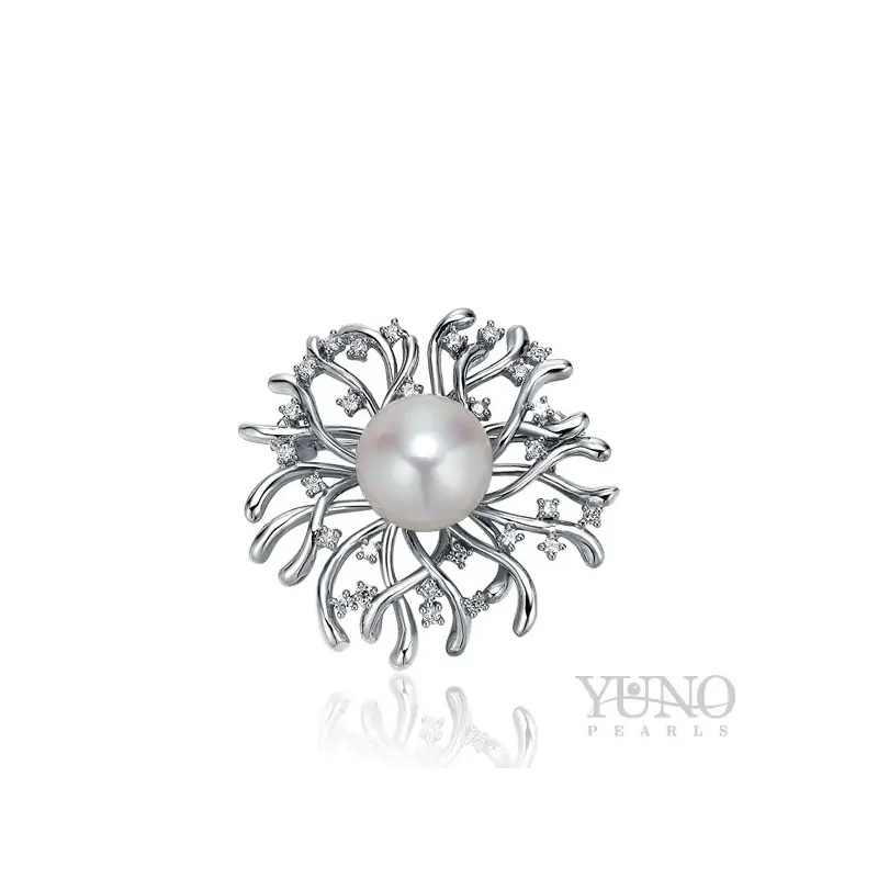 Broşă din argint 925, perlă albă, 11.5-12mm, zirconii