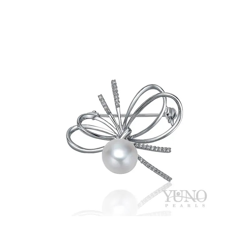 Broşă din argint 925, perlă albă, 11.5-12mm, zirconii