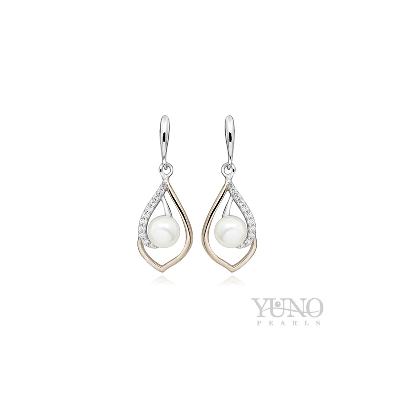 Cercei din argint 925, placate cu aur, perle albe, 5-6mm