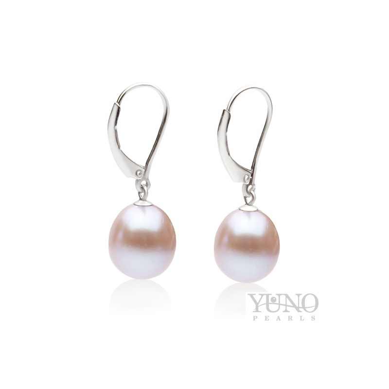 Cercei din argint rodiat, perle de cultura ovale mov pal, 10-13mm