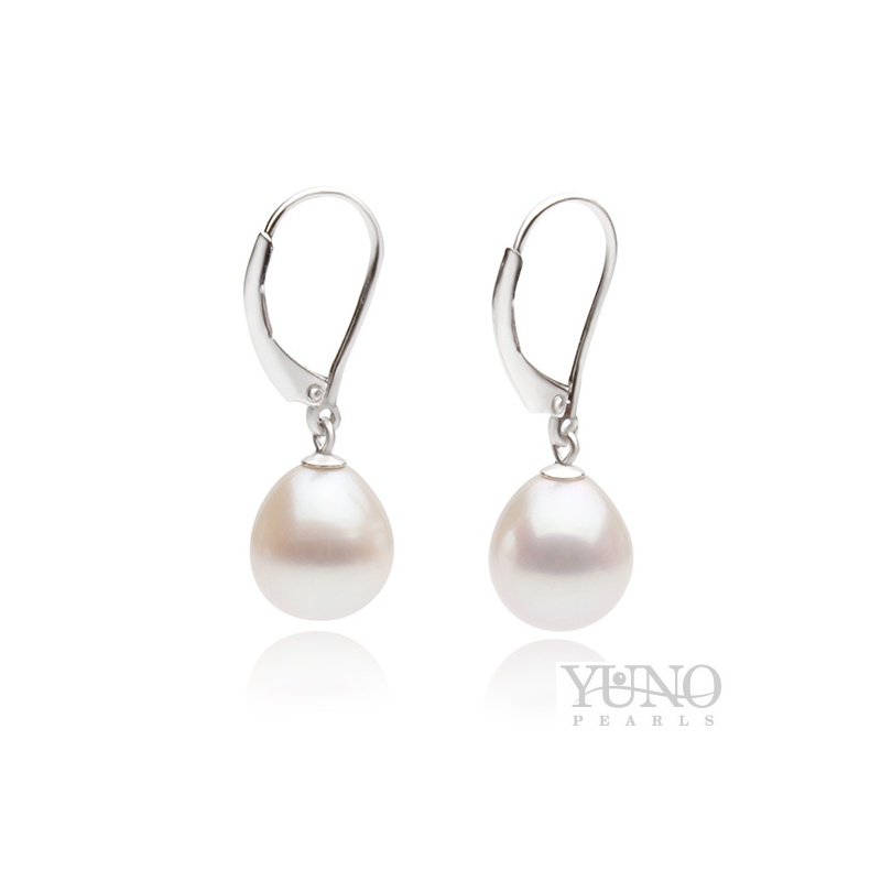 Cercei din argint 925, perle albe ovale, 10-12 mm