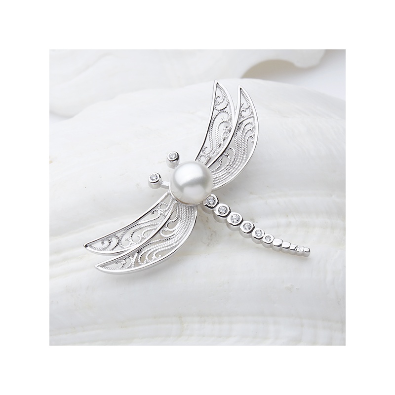 Broşă din argint 925, perle albe, 8-9mm, zirconii