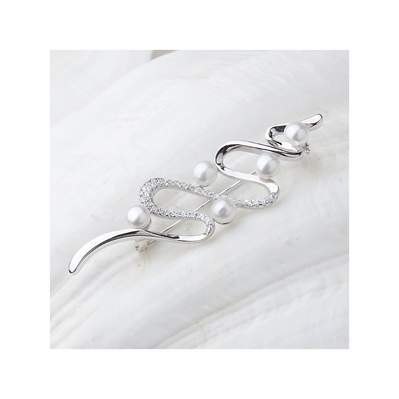 Broşă din argint 925, perle de cultură albe, 4-5mm, zirconii