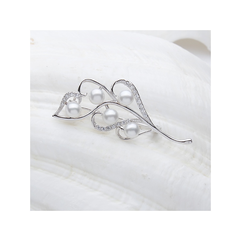 Broşă din argint 925, perle albe, 4-5mm, zirconii
