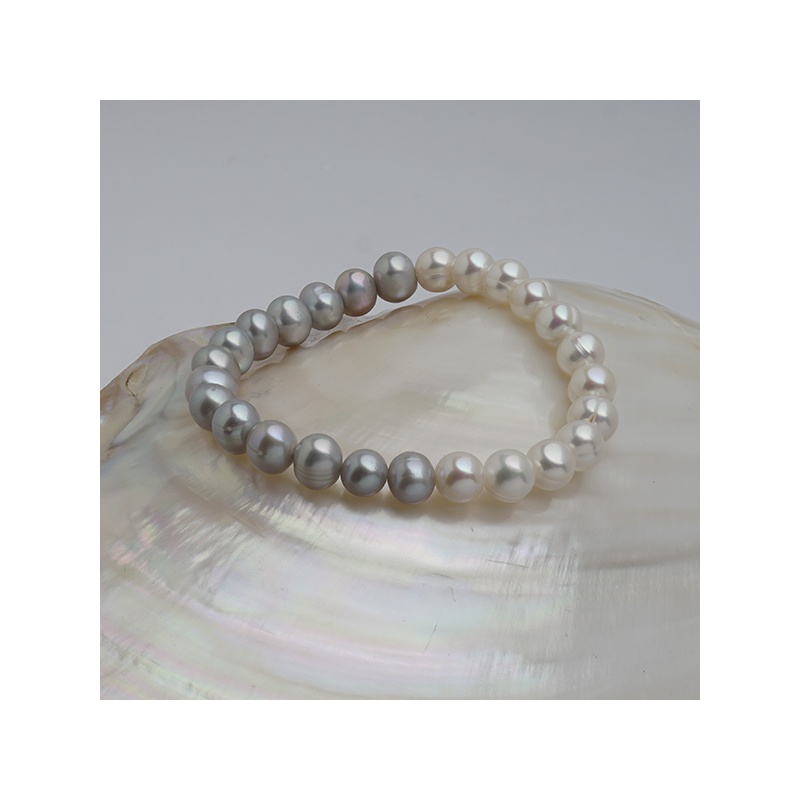 Brațară cu perle gri și albe 7-8 mm