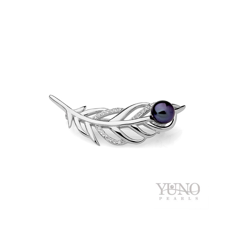Broşă din argint 925, perlă neagră, 6-7mm, zirconii