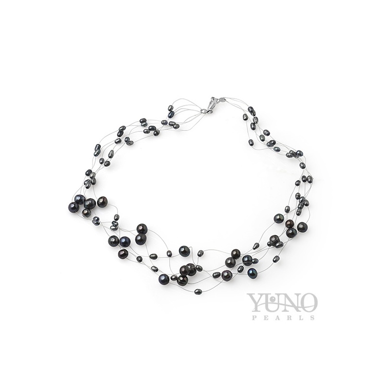 Colier cu 5 rânduri de fir, perle culoare închisă rotunde și perle ovale, 4-7mm
