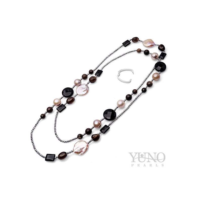 Colier cu perle, 12-13mm, Agat, Hematit, Onix, Cuarț fumuriu