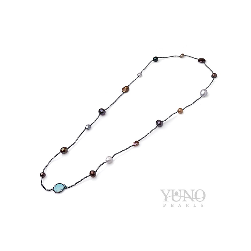 Colier cu perle gri și culoare închisă, 9-10 mm, Hematit, 90 cm