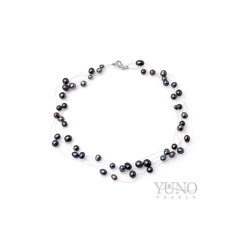 Colier cu 3 rânduri de fir, perle culoare închisă, 4-8mm