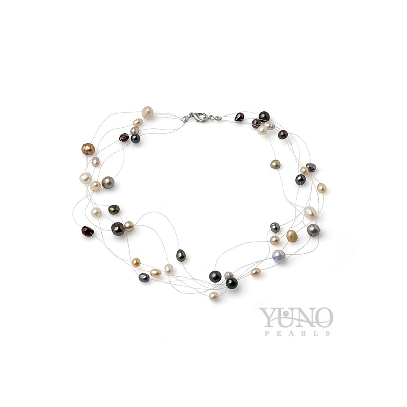 Colier cu 3 rânduri de fir, perle mixte, 4-8mm