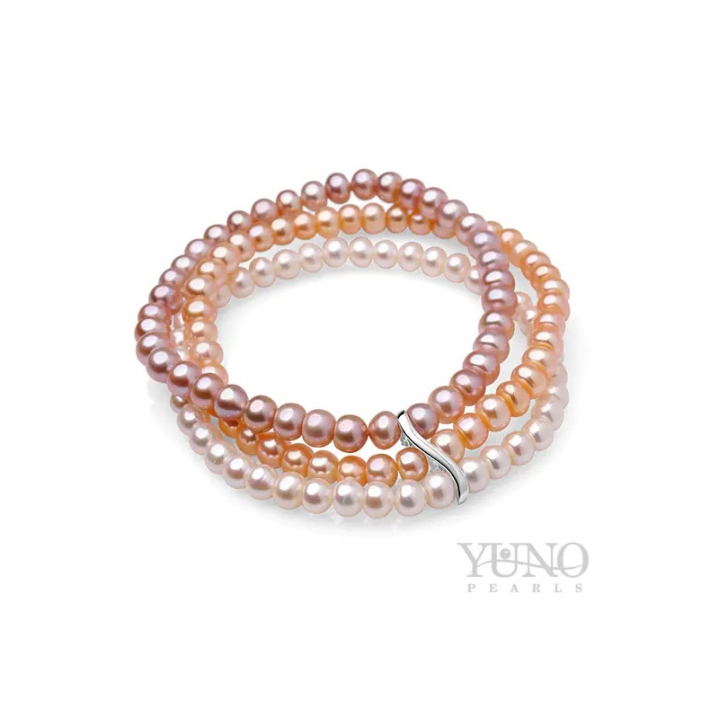 Brățară cu trei rânduri de perle de culturâ albe,rozi și violet 5-6mm