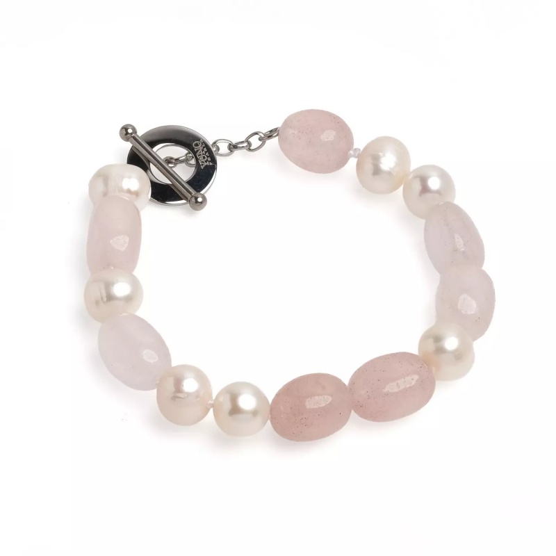 Brățară cu perle albe și cuarț roz, 10-11mm