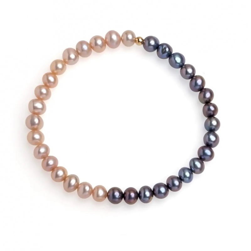 Brăţară perle de cultură gri închis și violet sfere aprox. 5.5-6 mm, detaliu argint placat cu aur, pe elastic
