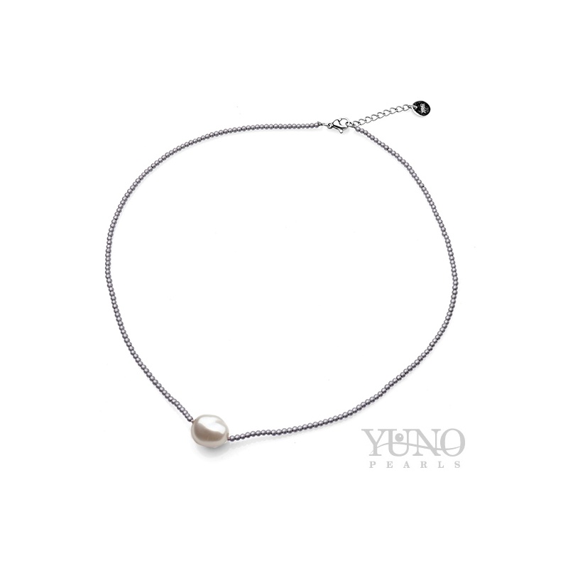 Colier cu perlă albă Edison 9-10mm și hematit, 44cm