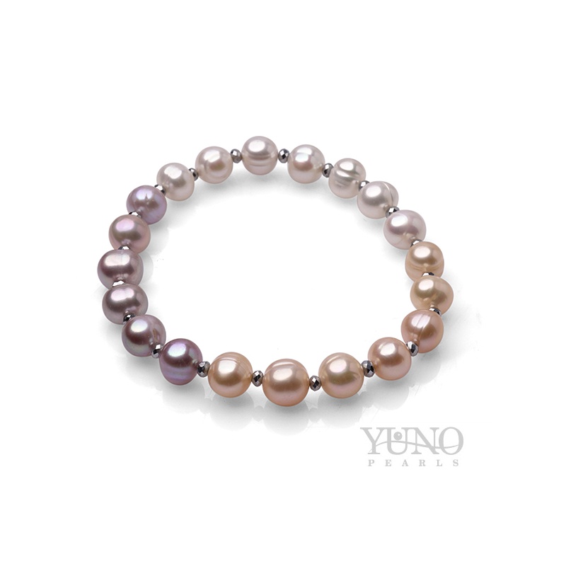 Brățară cu perle roz + violet + albe, 7-8mm, 19cm