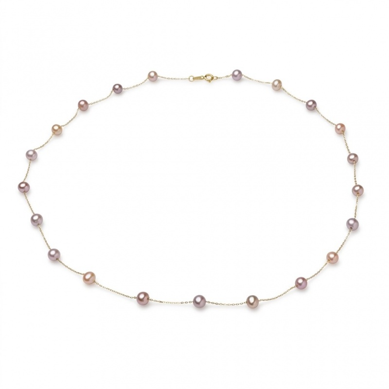 Colier lănțișor aur 18K cu perle de cultură multicolor 4-5mm, lungime 45 cm