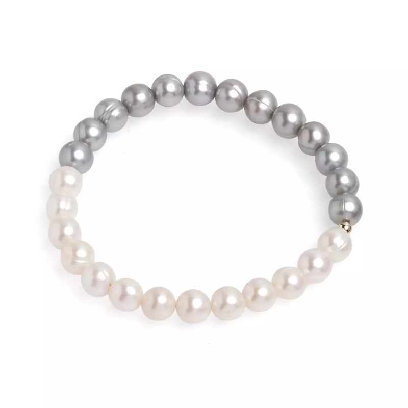 Brățară cu perle de cultură albe și culoare gri 7-8mm. Elastic