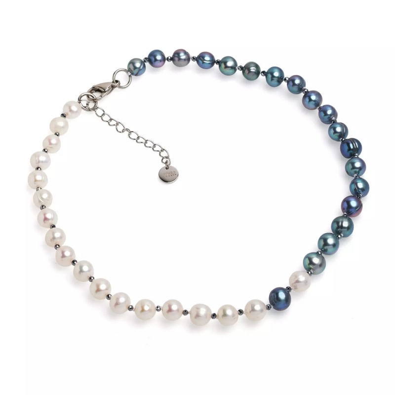 Colier, perle de cultură albe și culoare închisă 8-9mm, buline fațetate, lungime 43cm+5cm