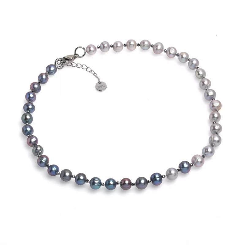 Colier, perle de cultură gri și culoare închisă 8-9mm, buline fațetate, lungime 43cm+5cm