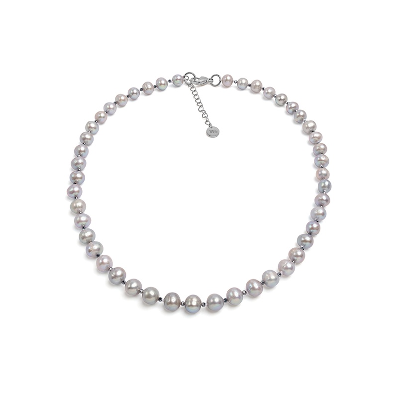 Colier cu perle gri 8-9mm și globuri facetate, lungime 43+5cm, închizătoare oțel