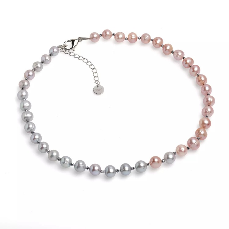 Colier, perle de cultură gri și mov 8-9mm, buline fațetate, lungime 43cm+5cm