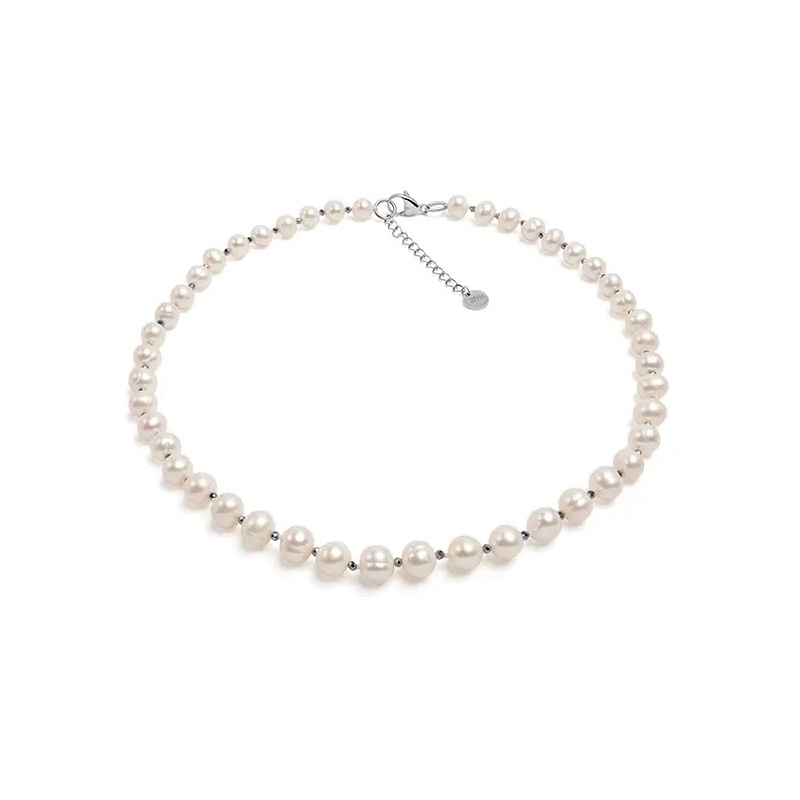 Colier cu perle albe 8-9mm și globuri facetate, lungime 43+5cm, închizătoare oțel
