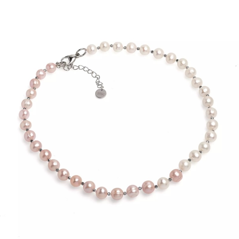 Colier, perle de cultură albe și mov 8-9mm, buline fațetate, lungime 43cm+5cm