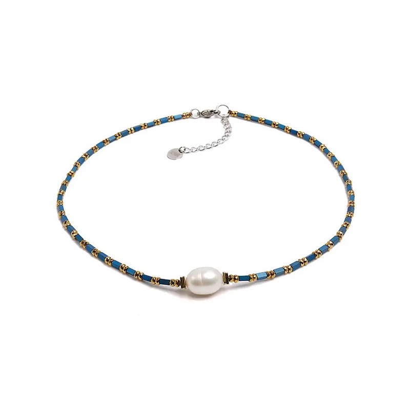 Colier cu perlа albа, 10-14mm, hematit albastru și detalii aurii, lungime 40+5cm, închizătoare oţel