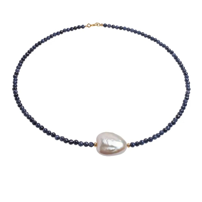 Colier cu perlă barocă și safir de 3.5-4mm, închizătoare argint placat cu aur galben, lungime 43cm