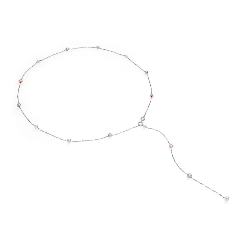 Șirag perle de cultură violet, albe și gri sfere aprox 3-4mm, lănțișor și închizătoare argint rodiat, lungime 55cm.