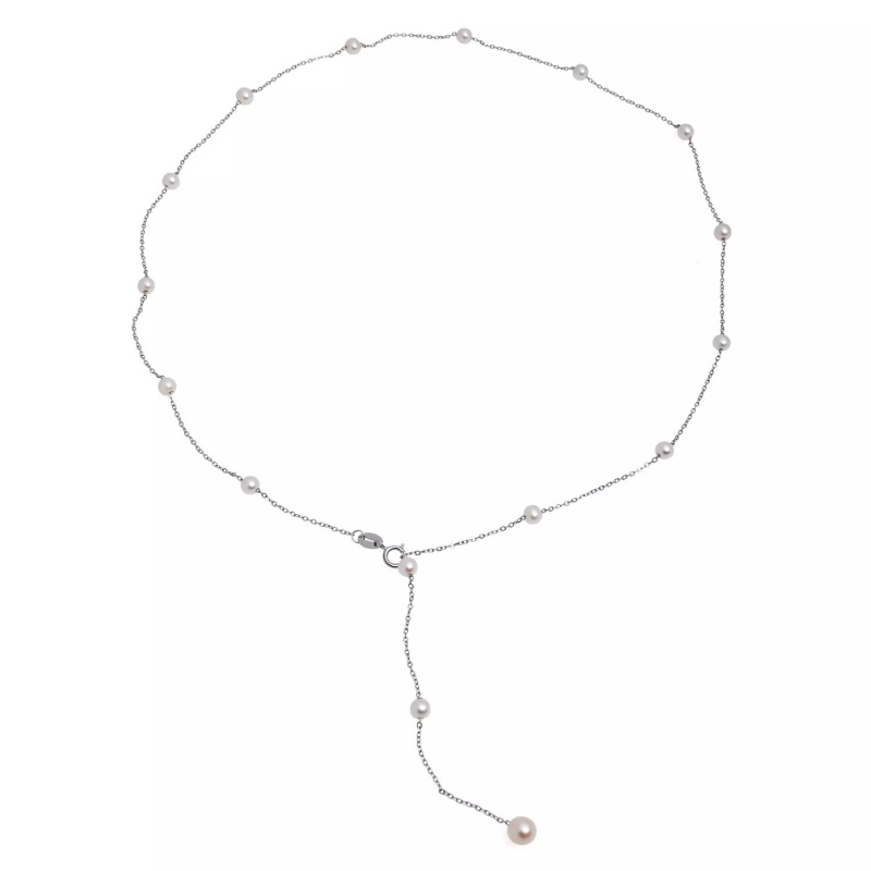 Șirag perle de cultură albe sfere 3-4mm, lănțișor și închizătoare argint rodiat, lungime 55cm.