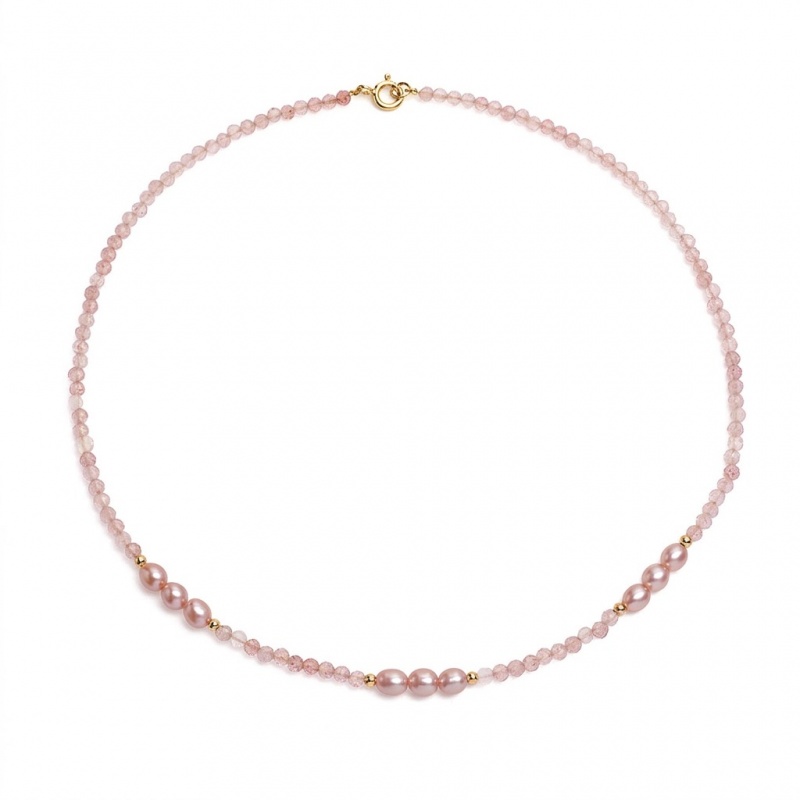 Colier cu perle de cultură roz 4.5-5mm și cuarț, lungime de 41 cm