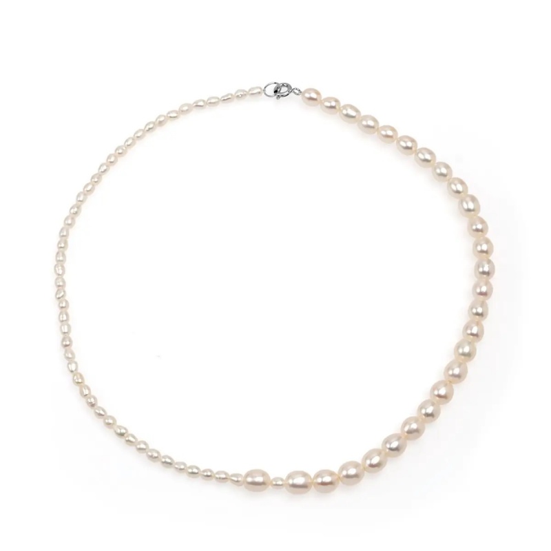 Șirag perle de cultură albe bob de orez și sfere aprox 3-3.5/5.5-6.5mm, închizătoare de argint, lungime 40cm.
