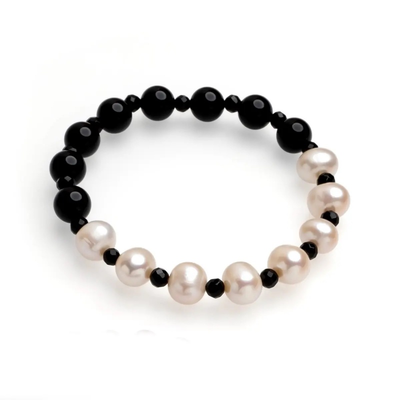 Brăţară perle de cultură negre și albe sfere aprox. 7-7,5mm, onix 7mm, pe elastic